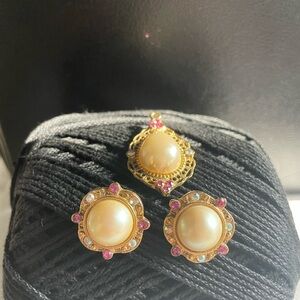 Elegant Gold and Faux Pearl Earrings With Matching Pendant